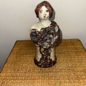 Vintage 1986 Yugoslavia Handmade 10” Women Floral Sculpture Clay Glaze Green